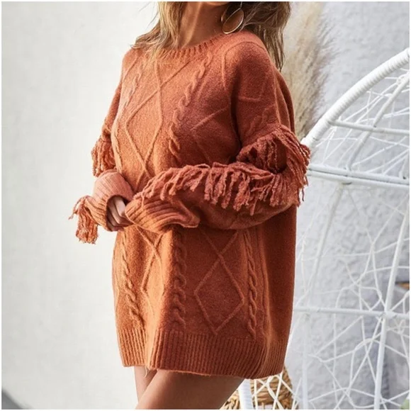 024 Cozy Pink Fringe detail Sweater Top - Picture 2 of 7